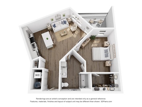 Floor plan for 1 bed, 1 bath, 857 sqft